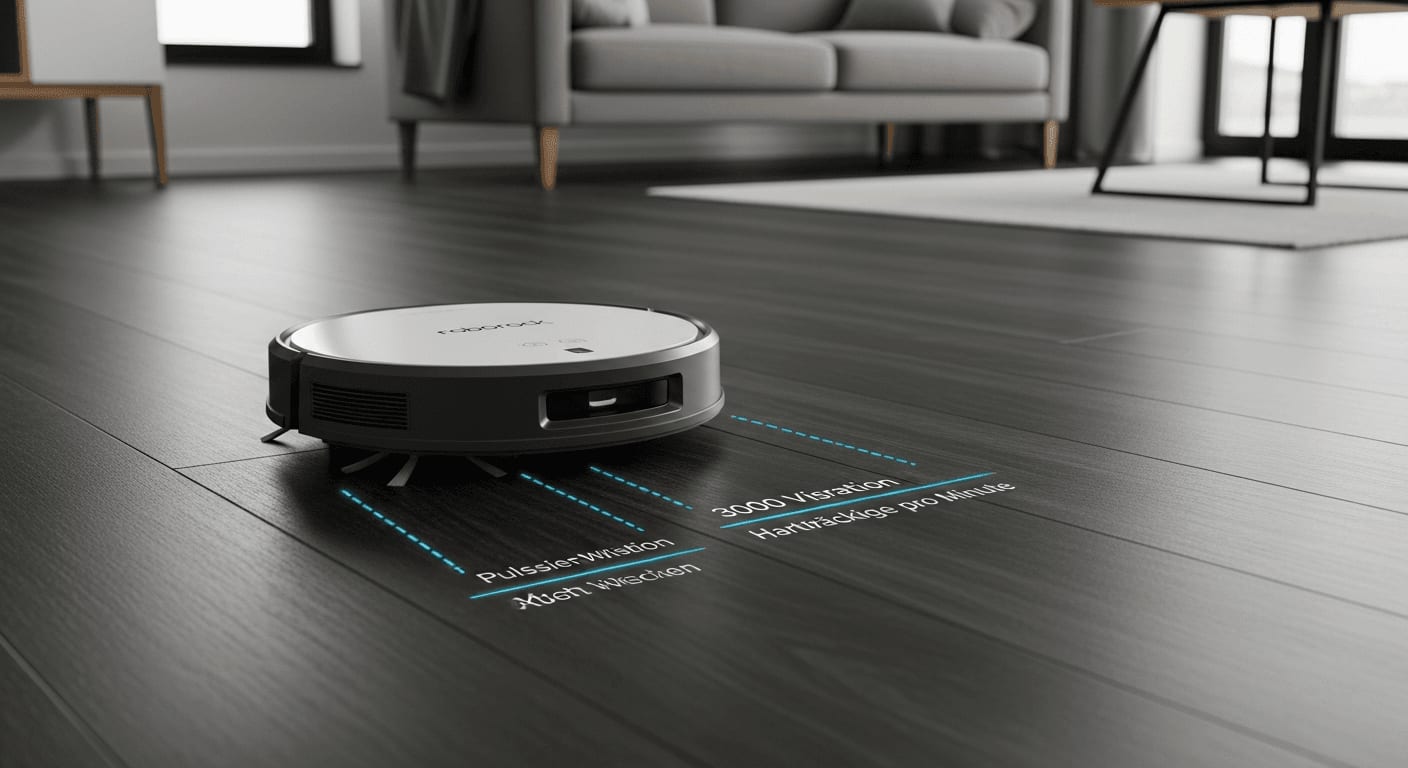 Der Roborock S7 Max Ultra Saugroboter mit seiner aktiven Wischfunktion reinigt einen dunklen Hartholzboden im Wohnbereich.