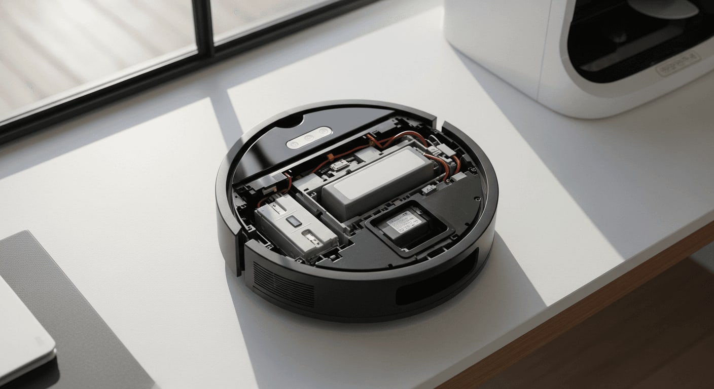 Draufsicht auf einen zerlegten Roomba Staubsaugerroboter, der seine internen Komponenten einschließlich der Batterie auf einer sauberen Werkbank zeigt, helles Tageslicht
