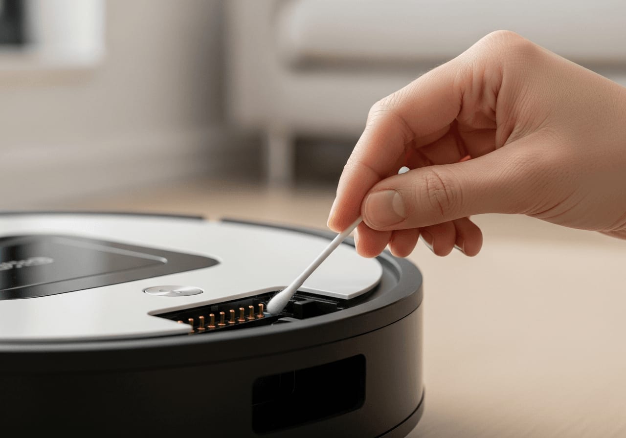 Nahaufnahme einer Person, die die Batteriekontakte eines Roomba Staubsaugerroboters mit einem Wattestäbchen reinigt, weicher Fokus auf der Hand, neutraler Hintergrund