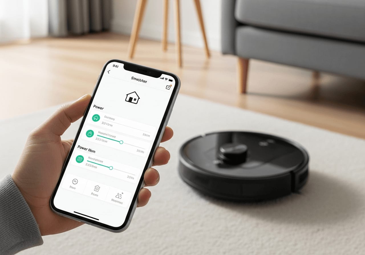 Einstellungen optimieren, wenn der Roomba Teppiche schlecht reinigt: Hände halten ein Smartphone mit Smart-Home-App im Wohnzimmer.
