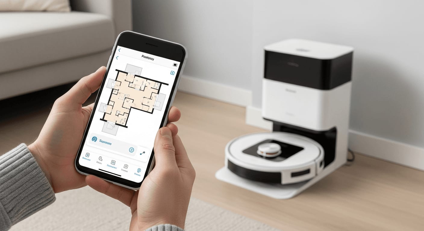 Schritt-für-Schritt-Anleitung: Saug-Wisch-Roboter einrichten per Smartphone-App im modernen Wohnzimmer.
