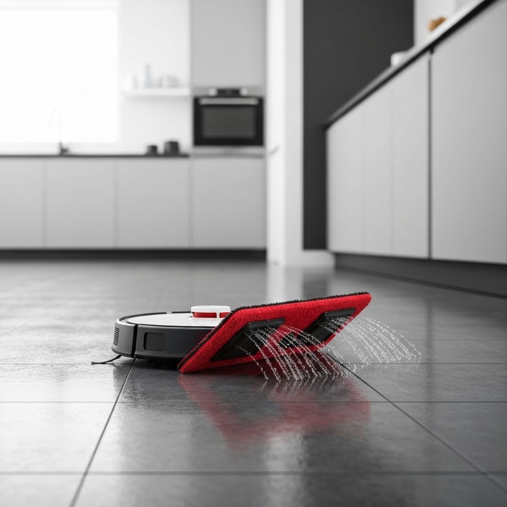 Saugroboter mit Wischmopp-Aufsatz reinigt Fliesenboden in der Küche, demonstriert die integrierte Wischfunktion des Saugroboters.