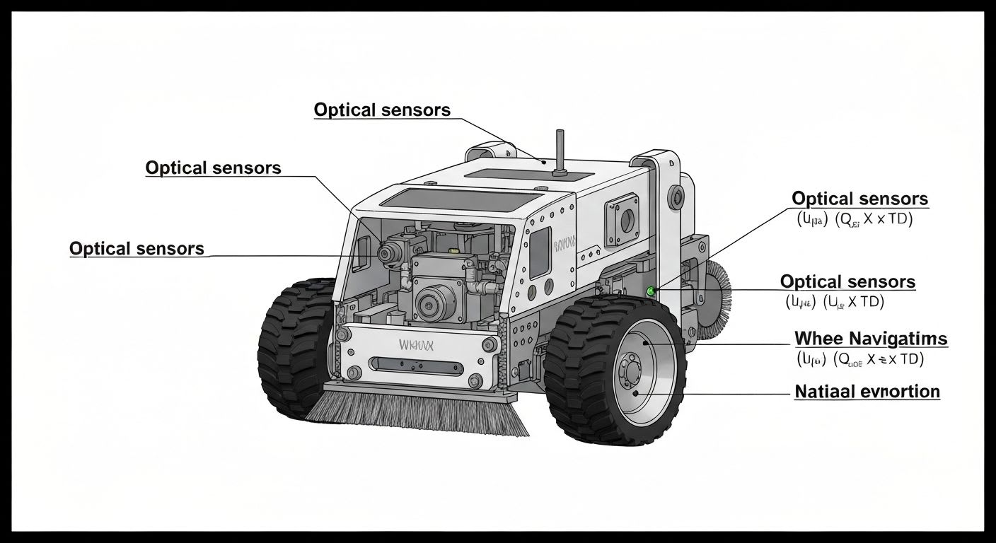 Schematische Darstellung der Saugroboter-Sensorik: Absturzsensoren, Infrarot- und LiDAR-Navigation für autonome Raumerkennung.