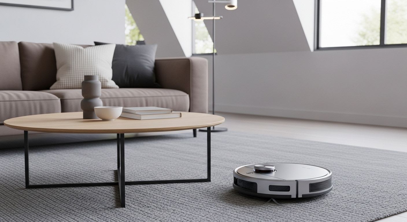 Eleganter Saugroboter navigiert autonom um einen Couchtisch in einem modernen Wohnzimmer, demonstriert fortschrittliche Reinigungsfunktion.