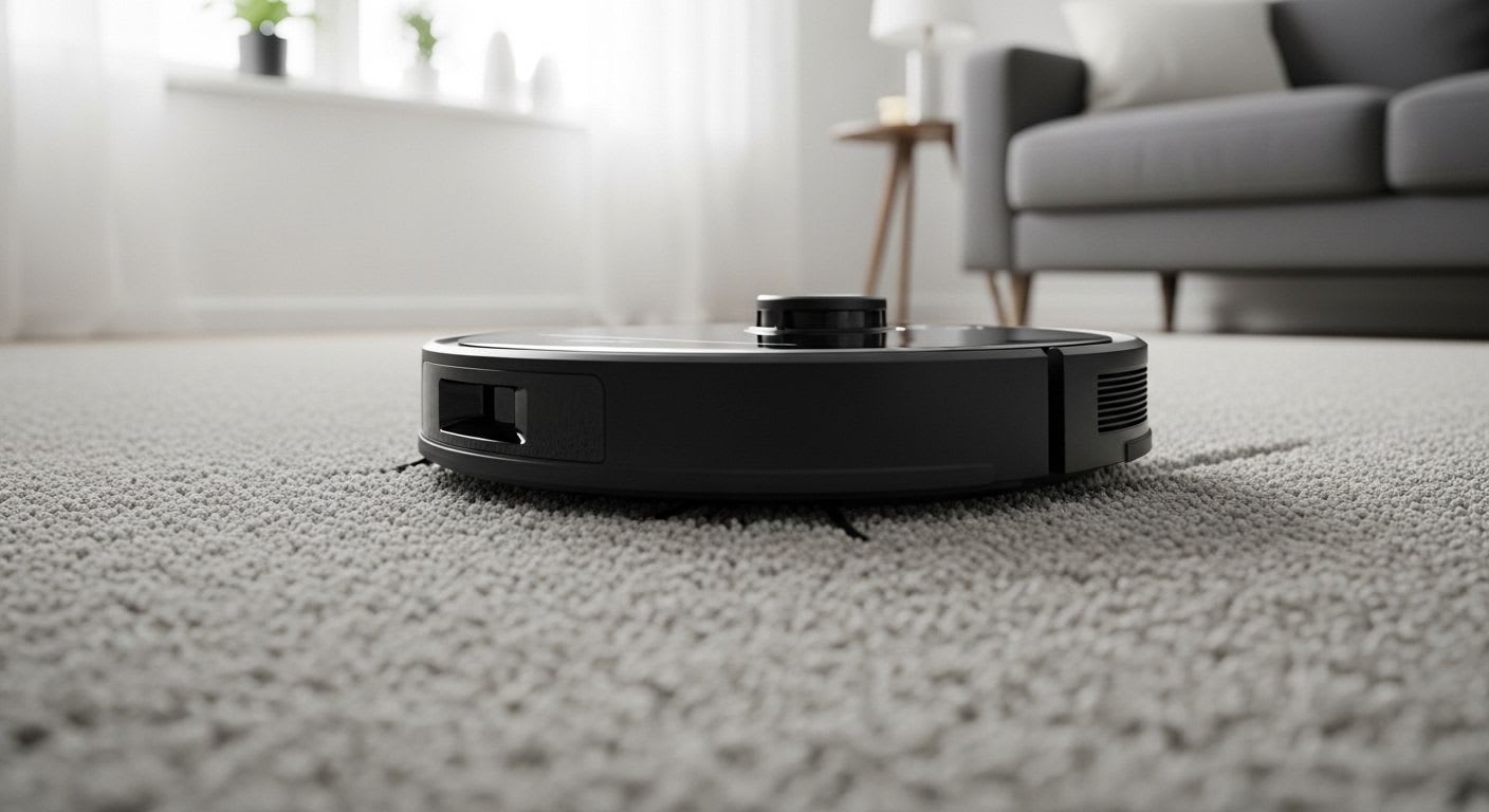 Saugroboter bei der Teppichreinigung in einem Wohnzimmer, der Guide beleuchtet die Leistung und mögliche Roomba-Probleme.