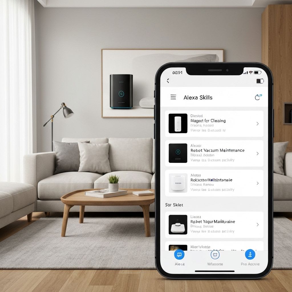 Smartphone-Bildschirm mit einer Liste von Alexa Skills zur Steuerung von Saugrobotern und anderen Smart-Home-Geräten.