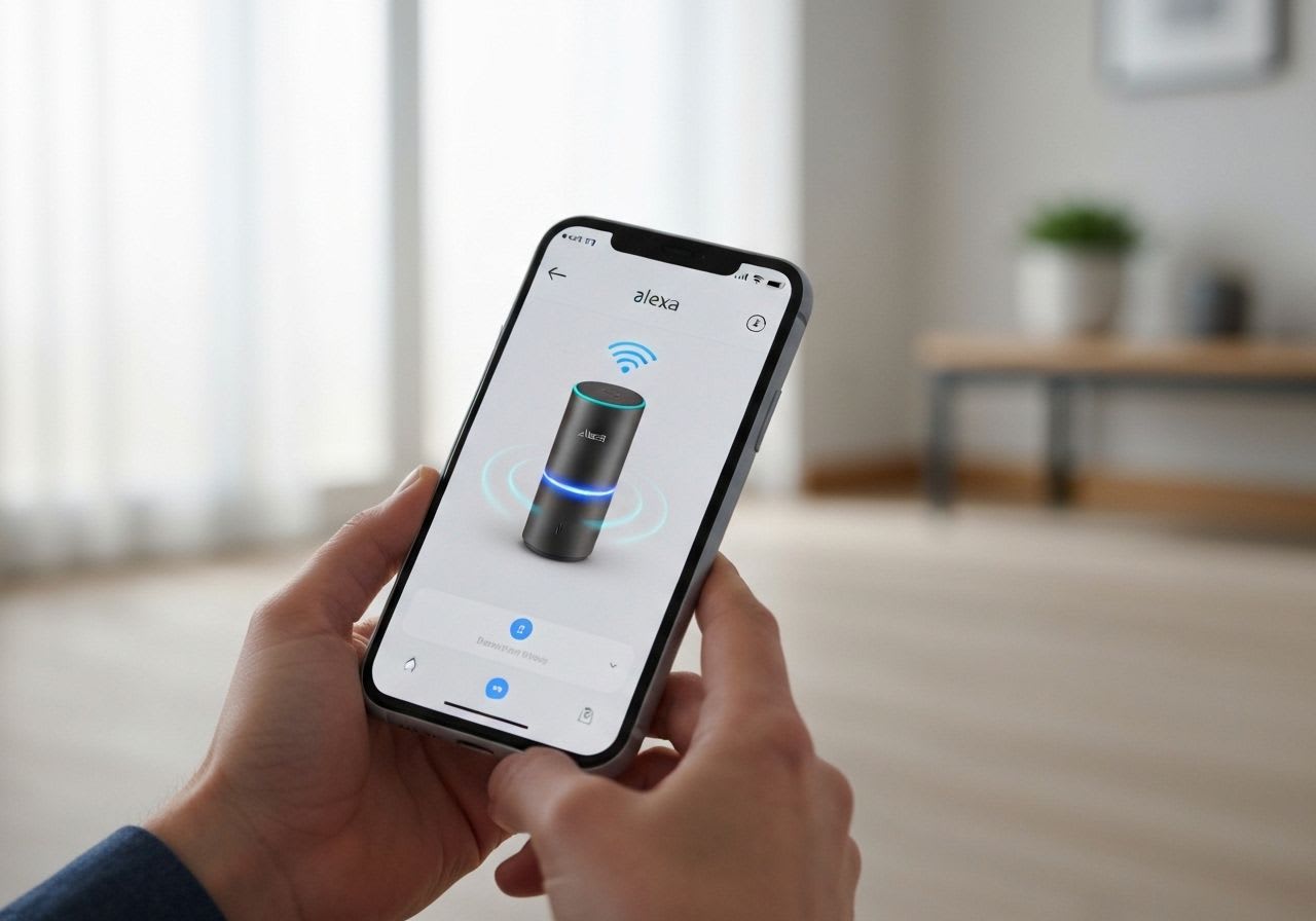 Nahaufnahme einer Hand, die ein Smartphone mit der geöffneten Alexa-App hält, welche einen verbundenen Saugroboter zeigt, als Voraussetzung für die Steuerung.