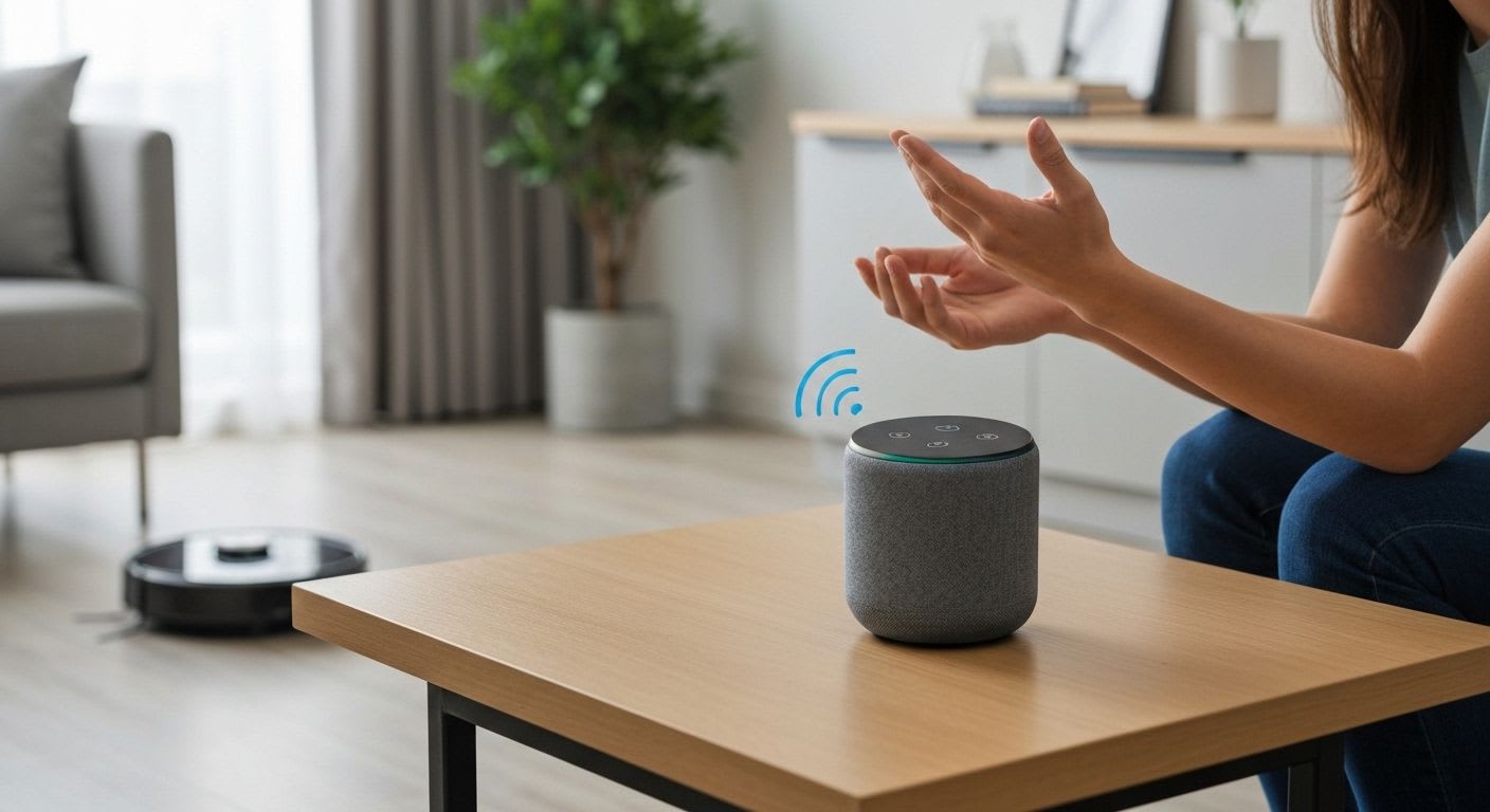 Eine Person gibt einem Amazon Echo Smart Speaker einen Sprachbefehl zur Steuerung des Saugroboters, der im Hintergrund reinigt.