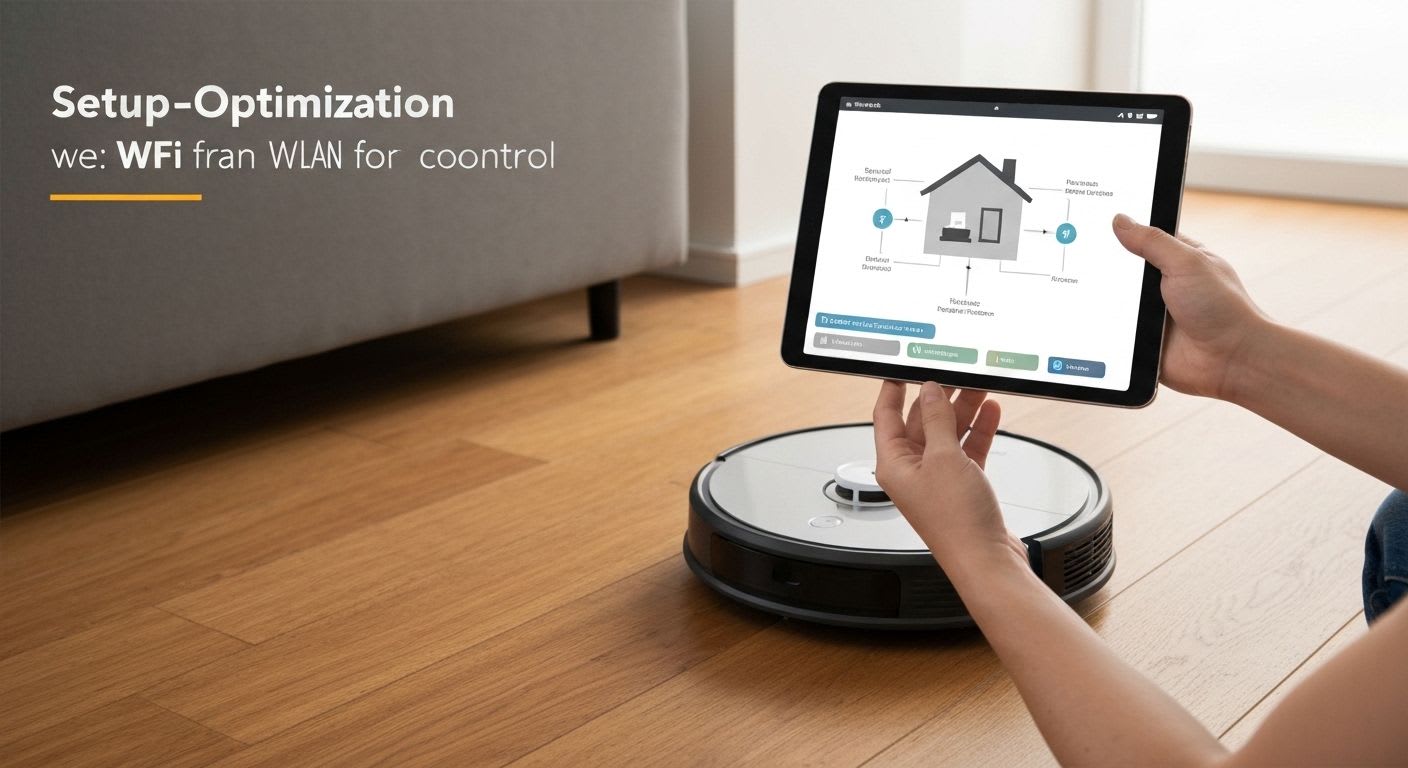 Hände halten ein Tablet mit Netzwerkdiagramm zur Optimierung der WLAN-Abdeckung für die Saugroboter-Steuerung per Alexa.