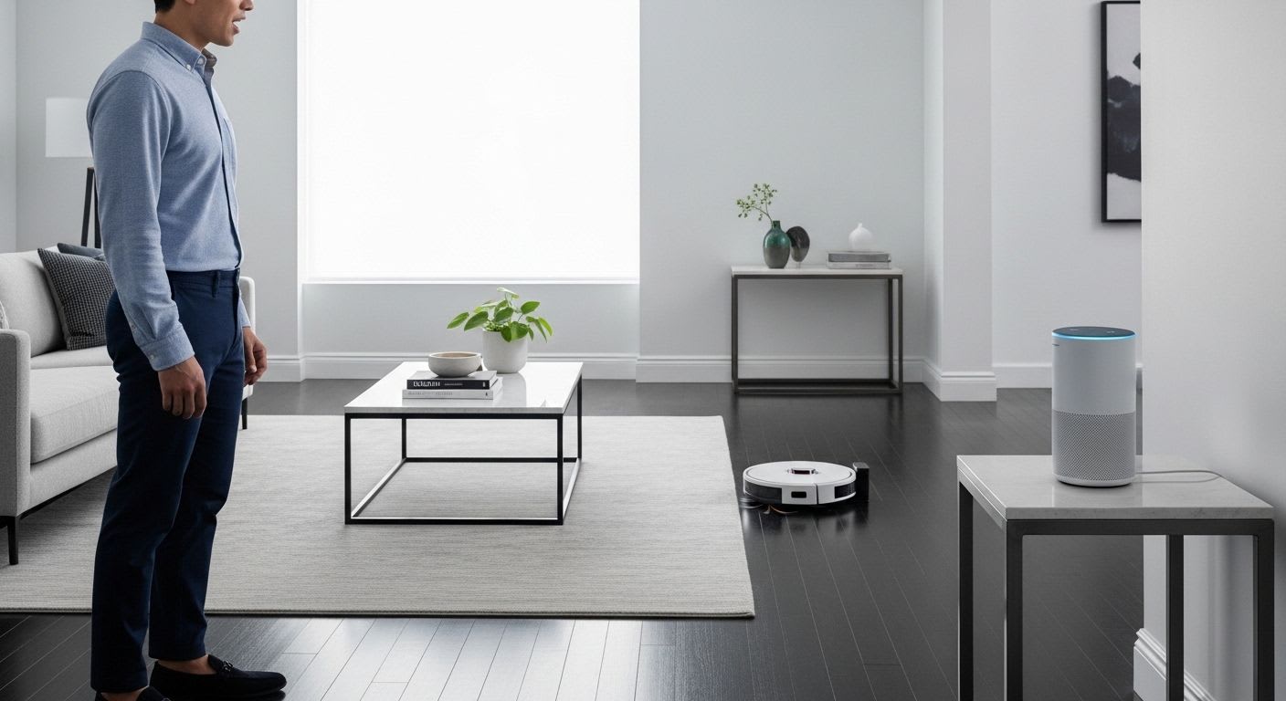 Eine Person steuert ihren Saugroboter per Alexa-Sprachbefehl in einem modernen Wohnzimmer, demonstriert die einfache Smart-Home-Integration.