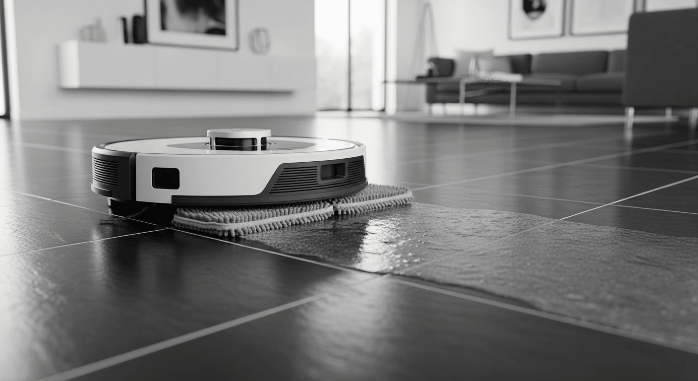 Detailaufnahme eines Saugroboters mit Wischfunktion, der einen dunklen Fliesenboden im modernen Wohnzimmer feucht wischt.