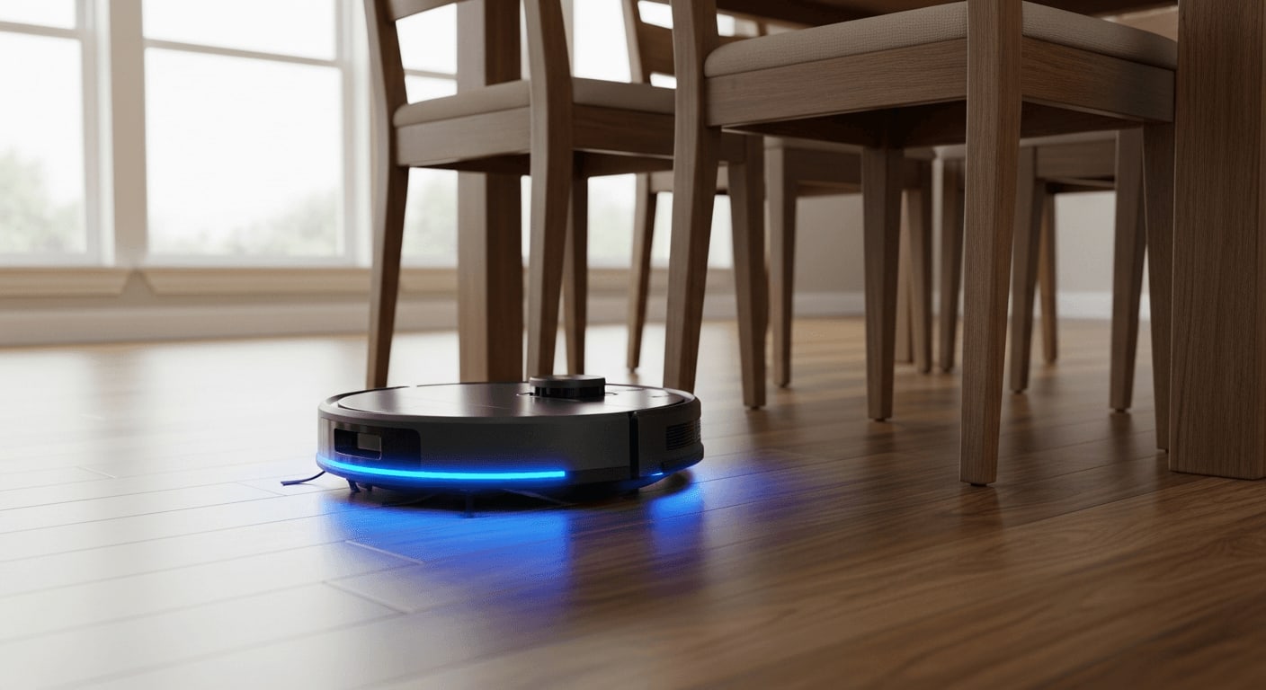 Saugroboter richtig einrichten: Roboterstaubsauger mit aktivem LiDAR-Sensor scannt den Boden um Möbelbeine.