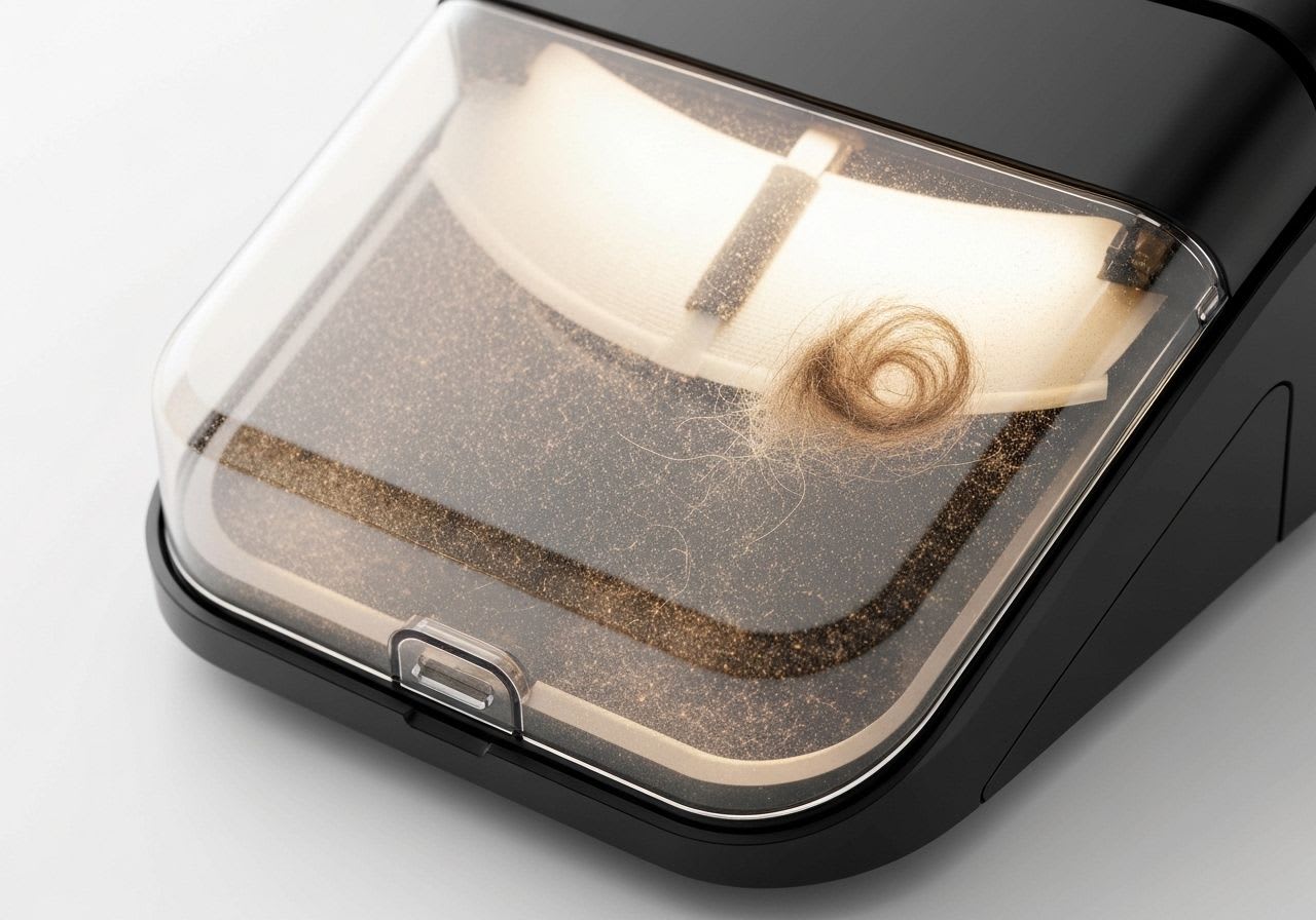 Transparenter Staubbehälter eines Saugroboters, gefüllt mit Feinstaub und Tierhaaren, als Hauptursache für schlechten Saugroboter-Geruch.
