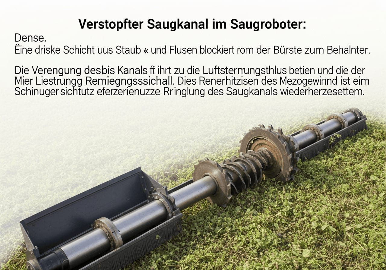 Verstopfter Saugkanal im Saugroboter: Eine dicke Schicht aus Staub und Flusen blockiert den Weg von der Bürste zum Behälter.