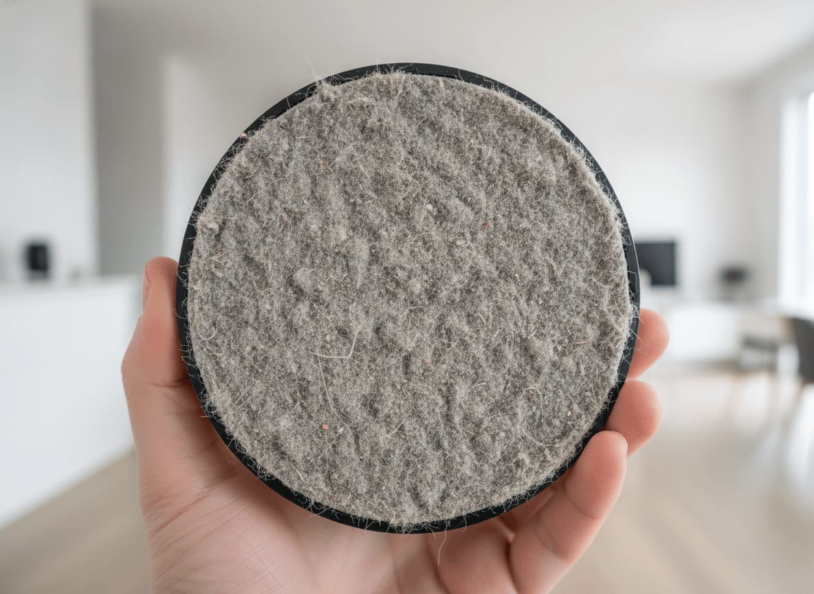 Nahaufnahme eines stark verstopften HEPA-Filters, eine Hauptursache, warum ein Shark Akkusauger nicht mehr saugt.