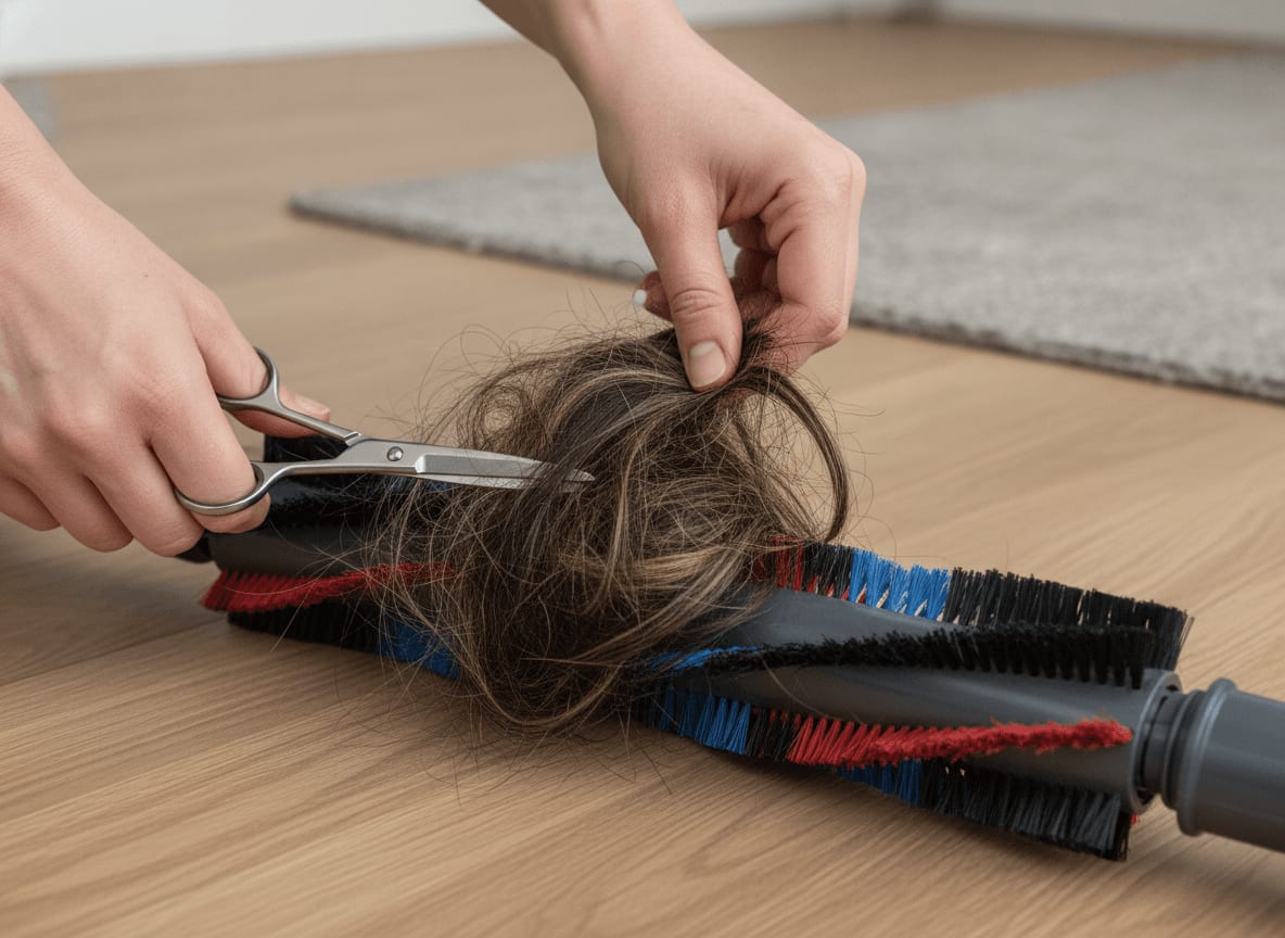 Eine Person nutzt eine Schere, um die Bürstenrolle eines Shark Staubsaugers zu reinigen und verfangene Haare zu entfernen.
