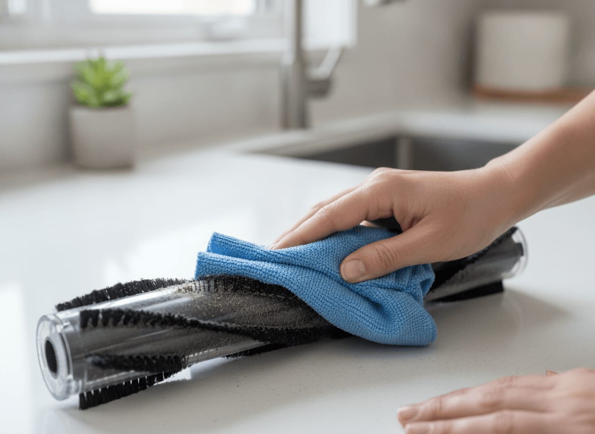 Nach dem Entfernen der Haare wird die Bürstenrolle des Shark Staubsaugers mit einem Tuch von feinem Staub gereinigt.