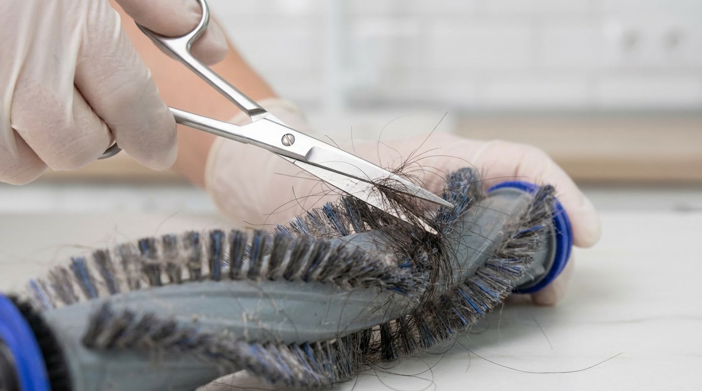 Nahaufnahme zeigt das werkzeuglose Reinigen der Shark Staubsauger Bürstenrolle, bei dem Haare sorgfältig mit einer Schere entfernt werden.