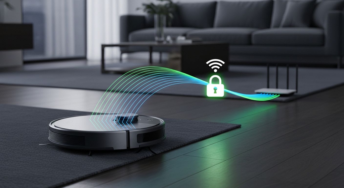 Saugroboter in einem Wohnzimmer, der smart vernetzt ist; ein Schloss-Symbol auf der Verbindungslinie zeigt die Wichtigkeit der Sicherheitstipps.