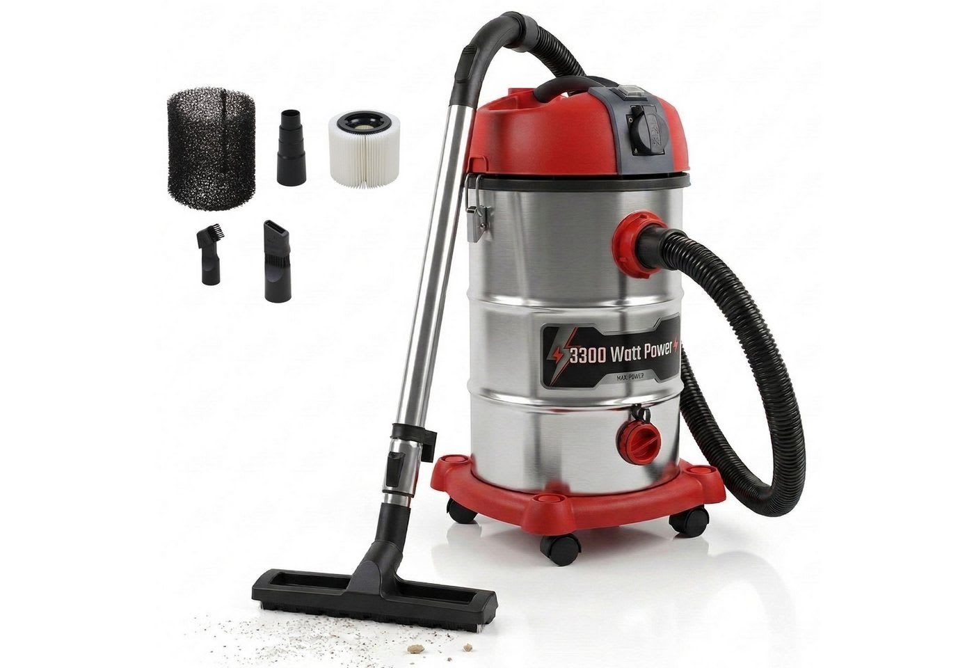 Stahlmann Industriesauger STAHLMANN VAC3300 Industriestaubsauger Nasssauger Trockensauger, 3300 W, integrierte Steckdose, leistungsstarke 3300W, Blasfunktion