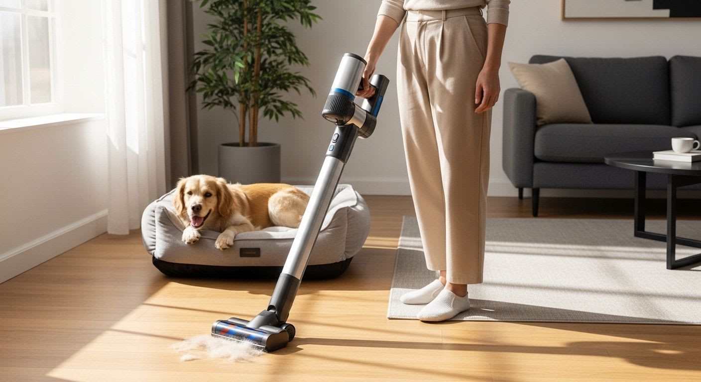 Ein moderner kabelloser Staubsauger für Tierhaare wird mühelos in einem sonnigen Wohnzimmer verwendet, um den Boden neben einem Hundebett zu reinigen.