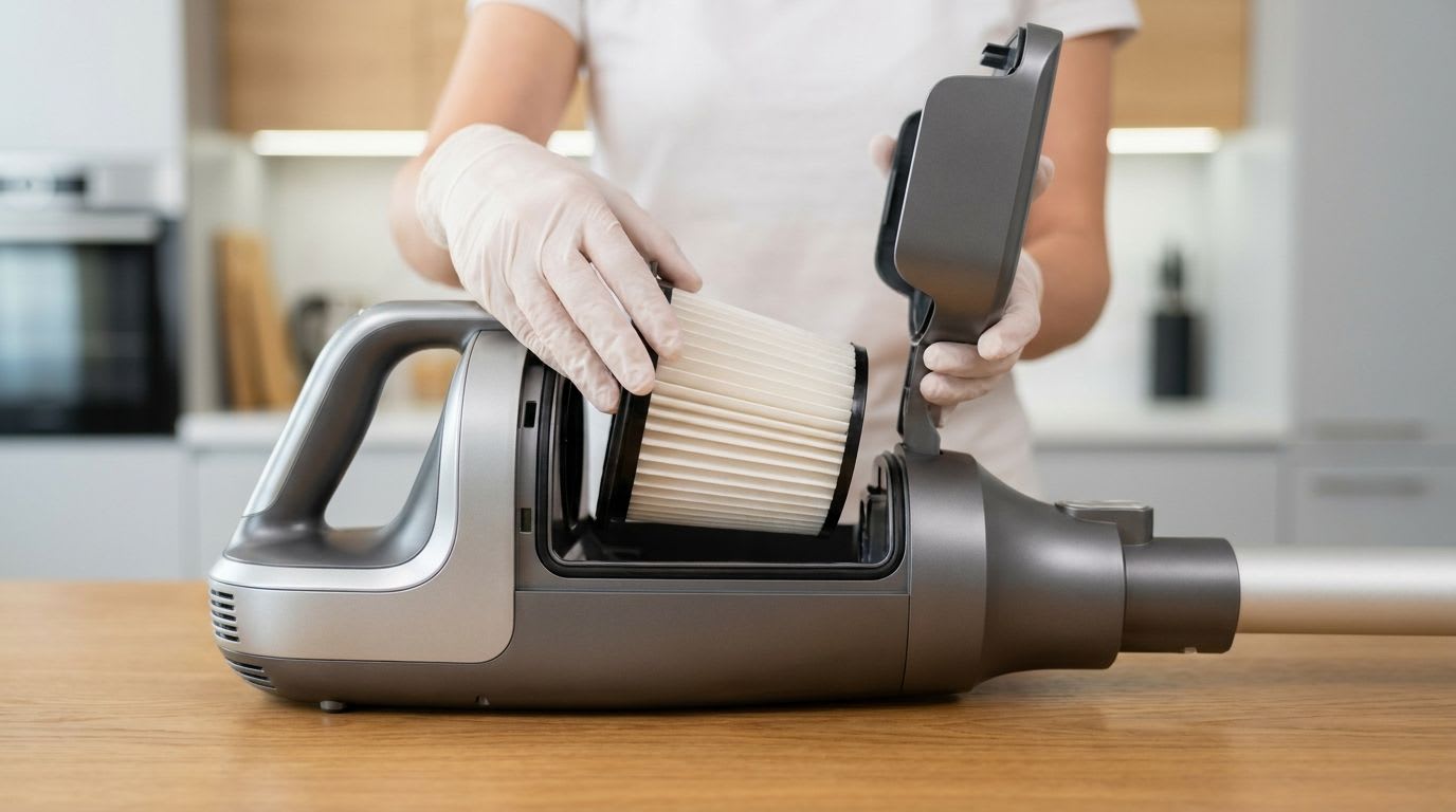 Nach dem Staubsauger Lamellenfilter reinigen wird der trockene Filter wieder präzise in das Staubsaugergehäuse eingesetzt.