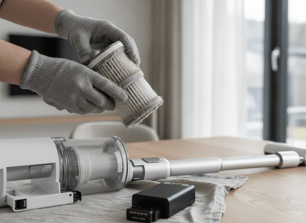 Sichere Entnahme des Filters vor dem Staubsauger Lamellenfilter reinigen: Hände lösen den staubigen Filter aus dem Gerät.