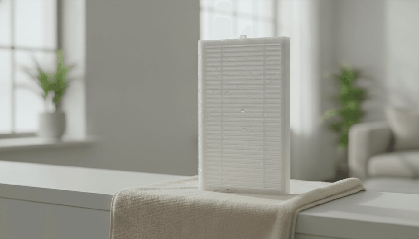 Der gereinigte Lamellenfilter trocknet auf einem Tuch am Fenster, ein wichtiger Schritt beim Staubsauger Lamellenfilter reinigen.