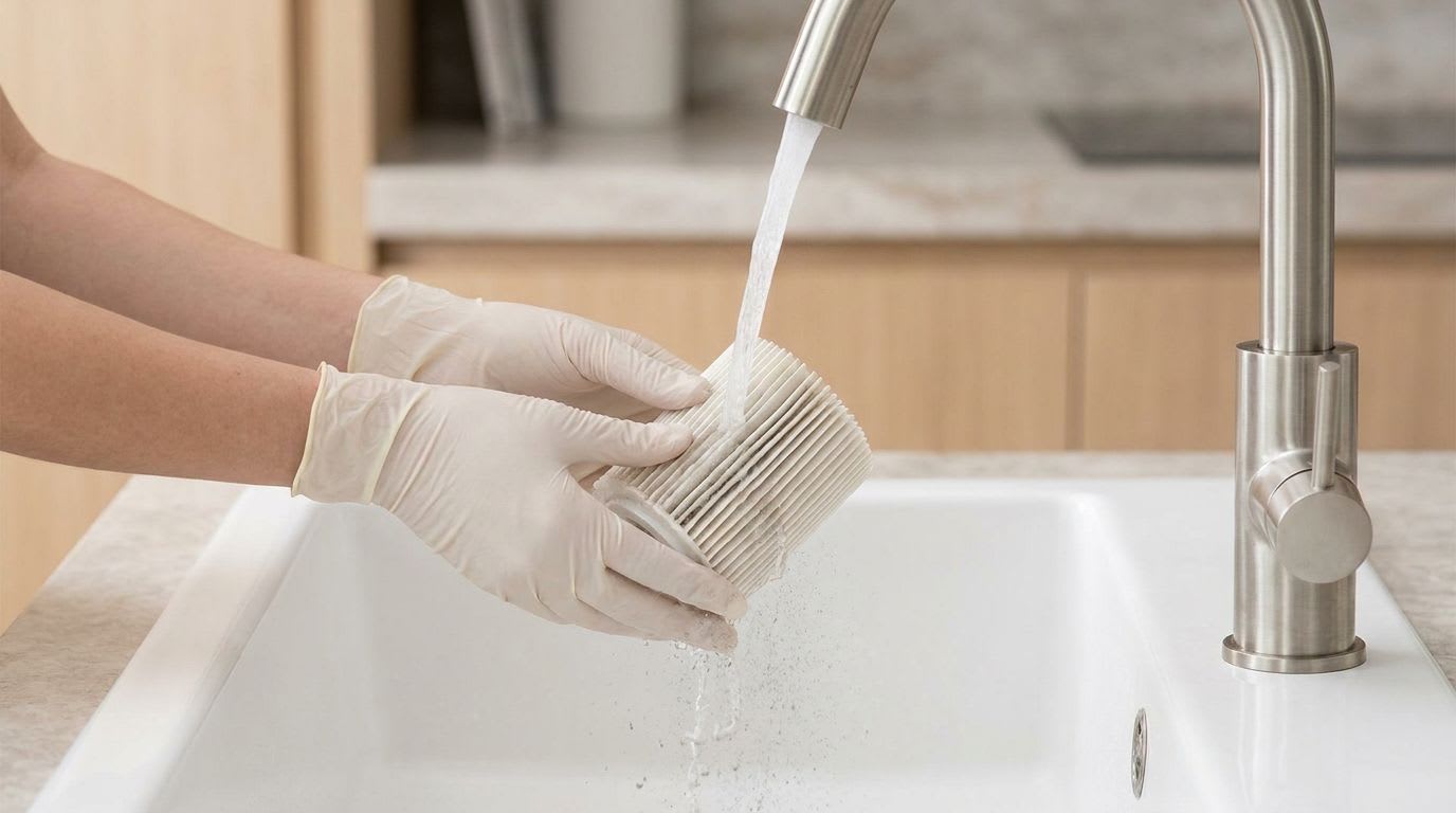 Eine Person hält einen Lamellenfilter unter fließendes Wasser, um den Staubsauger Lamellenfilter zu reinigen und die Saugleistung zu erhalten.