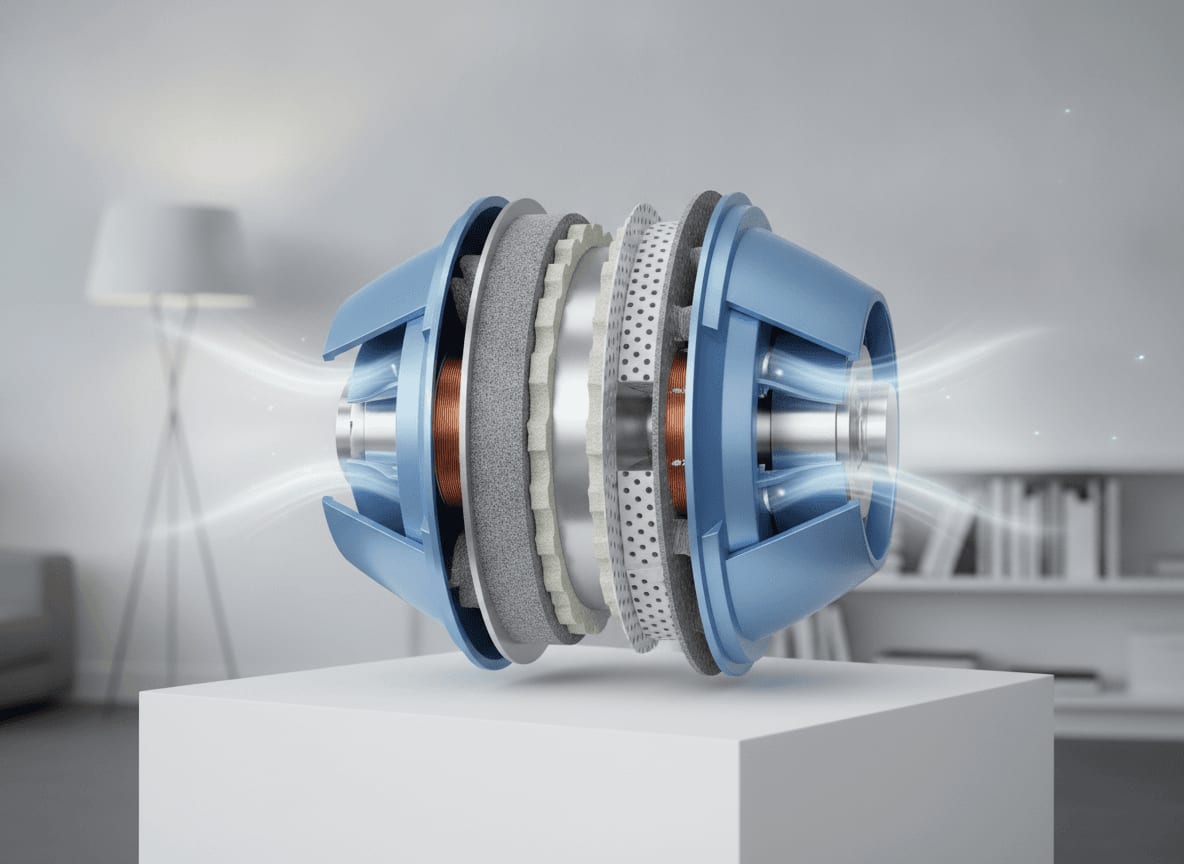 Detailansicht der Geräuschdämmung in einem leisen Staubsauger, die den schallgedämmten Motor und optimierte Luftkanäle zeigt.