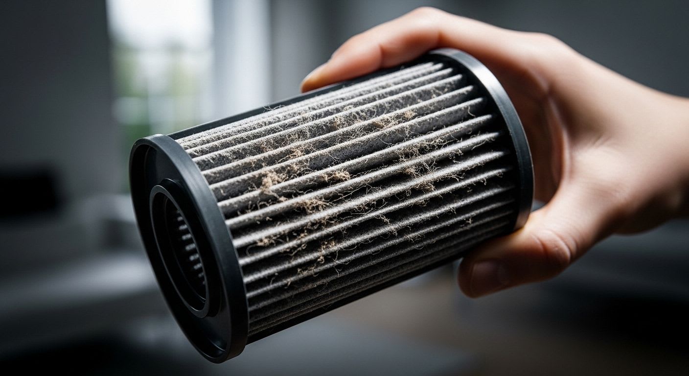 Nahaufnahme eines stark verschmutzten Filters als Hauptursache, warum ein Staubsauger muffig riecht und gereinigt werden muss.