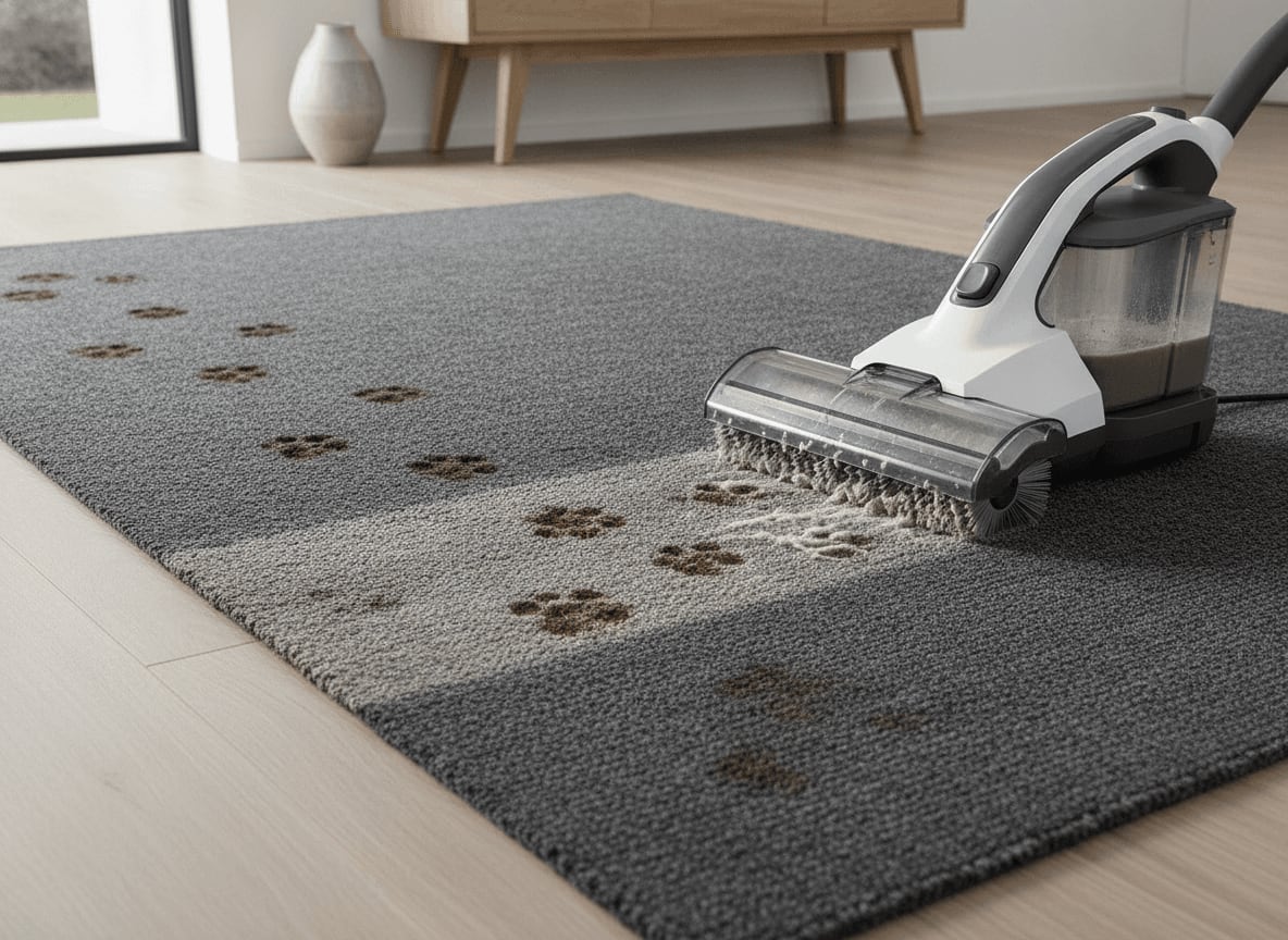 Schlammige Pfotenabdrücke werden mit einem Leih-Teppichreiniger aus einem robusten Eingangsteppich entfernt.
