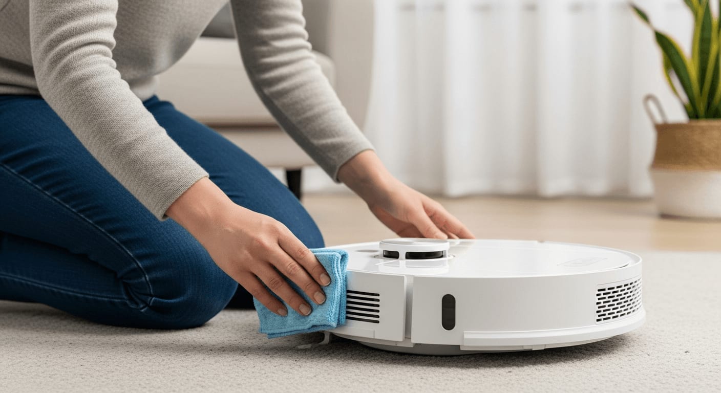 Saugroboter-Fehler beheben: Eine Person kniet auf dem Teppich und reinigt die Sensoren des Roboters mit einem Mikrofasertuch.