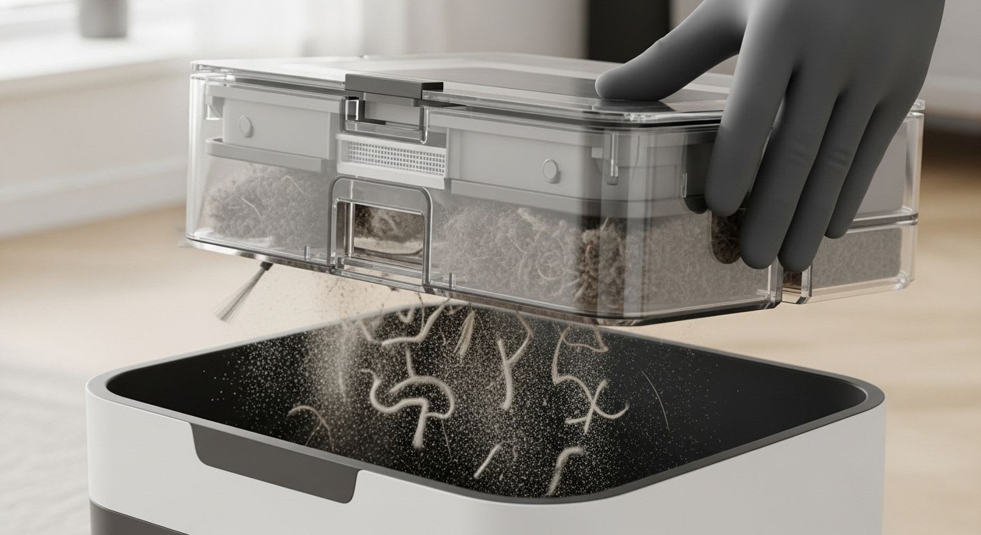 Nahaufnahme: Der transparente Staubbehälter eines Saugroboters wird geleert, zeigt angesammelten Staub, ein wichtiger Schritt der Wartung von Saugrobotern.