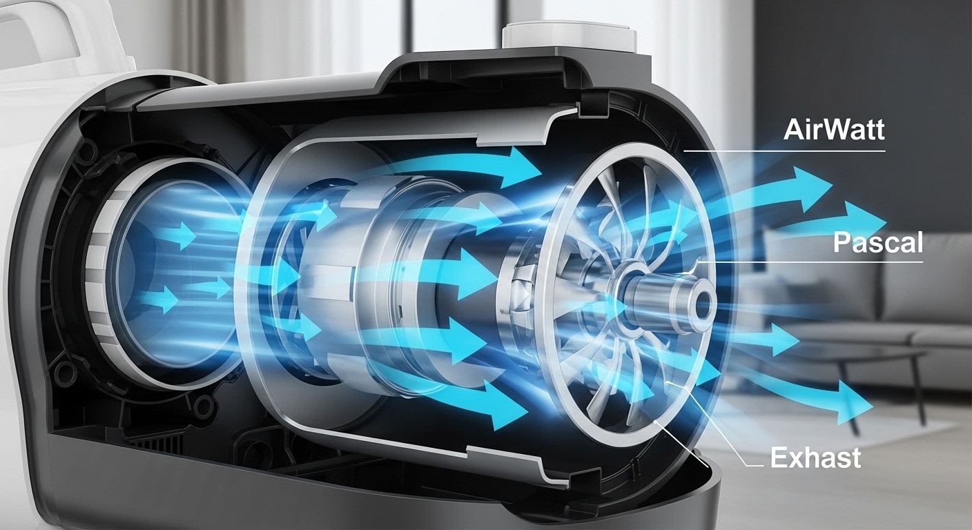 Detaillierte Schnittansicht der Staubsauger-Innenkomponenten, die die Erzeugung der Saugleistung durch Motor und Luftstrom veranschaulicht.