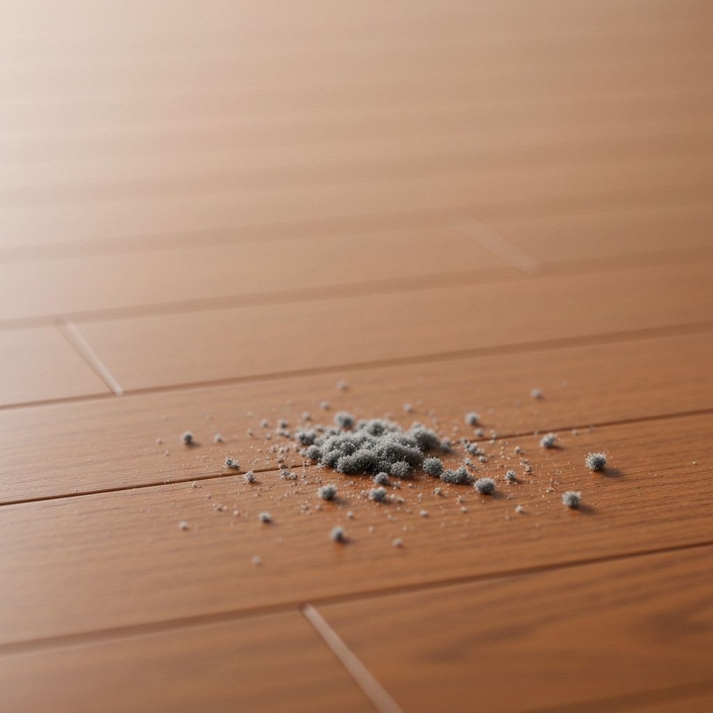 Feine Staubpartikel und Schmutz auf Hartholzboden als Vorher-Zustand vor der optimalen Nutzung der Saugleistung.