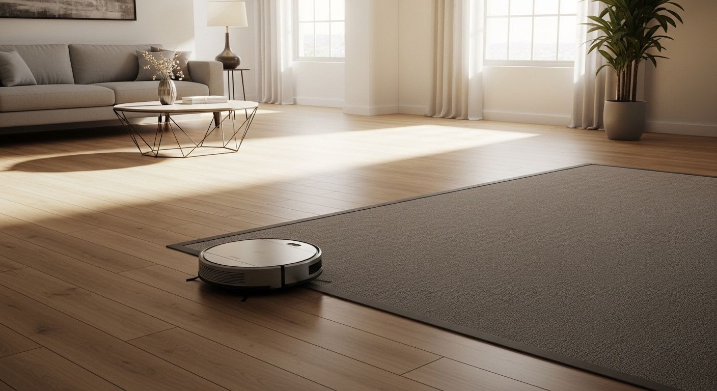 Ein Saugroboter fährt autonom durch ein geräumiges, modernes Wohnzimmer und reinigt verschiedene Bodenbeläge, was die Nutzung und Vorteile hervorhebt.