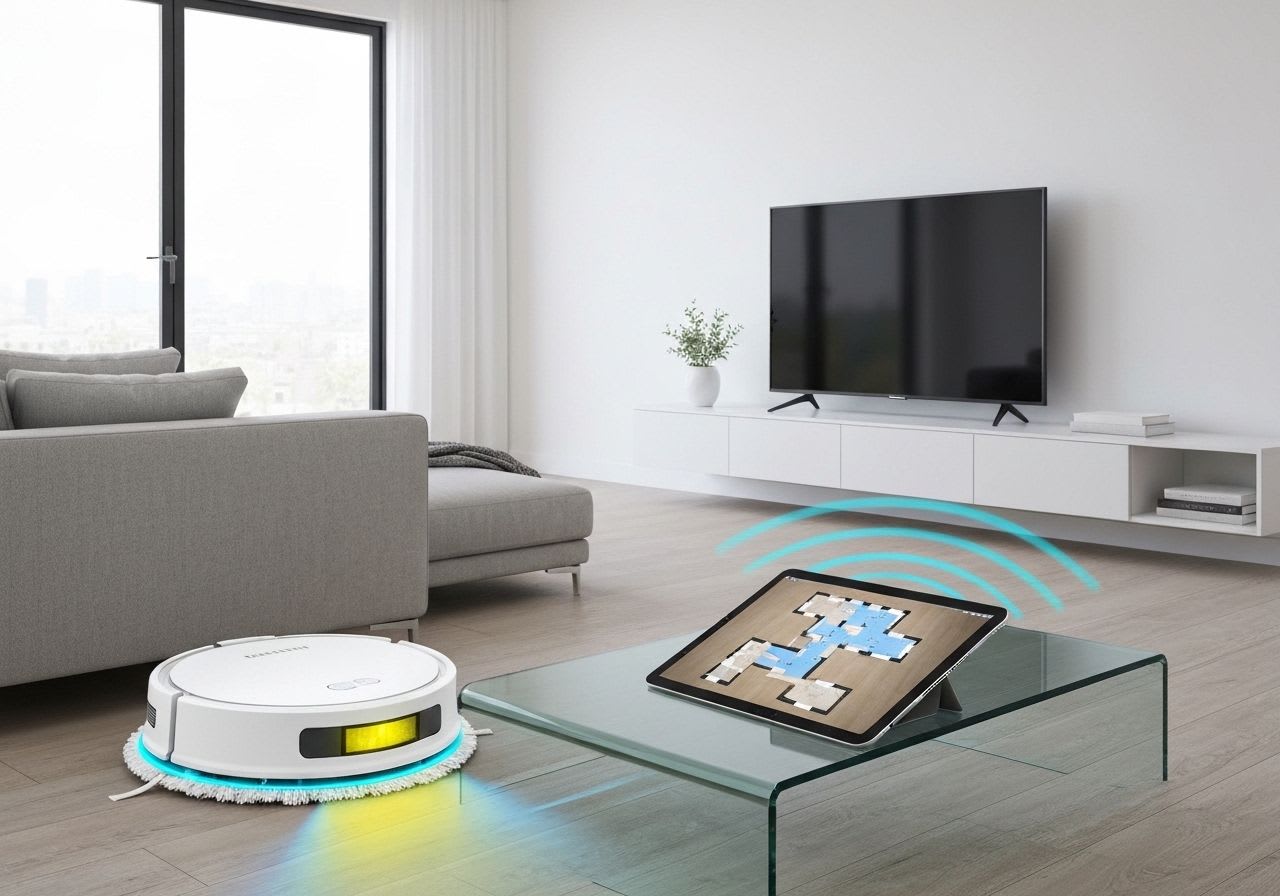 Wischroboter mit LiDAR-Sensor bei der Kartierung eines Raumes, visualisiert auf einem Tablet, wichtig für die Zoneneinteilung.