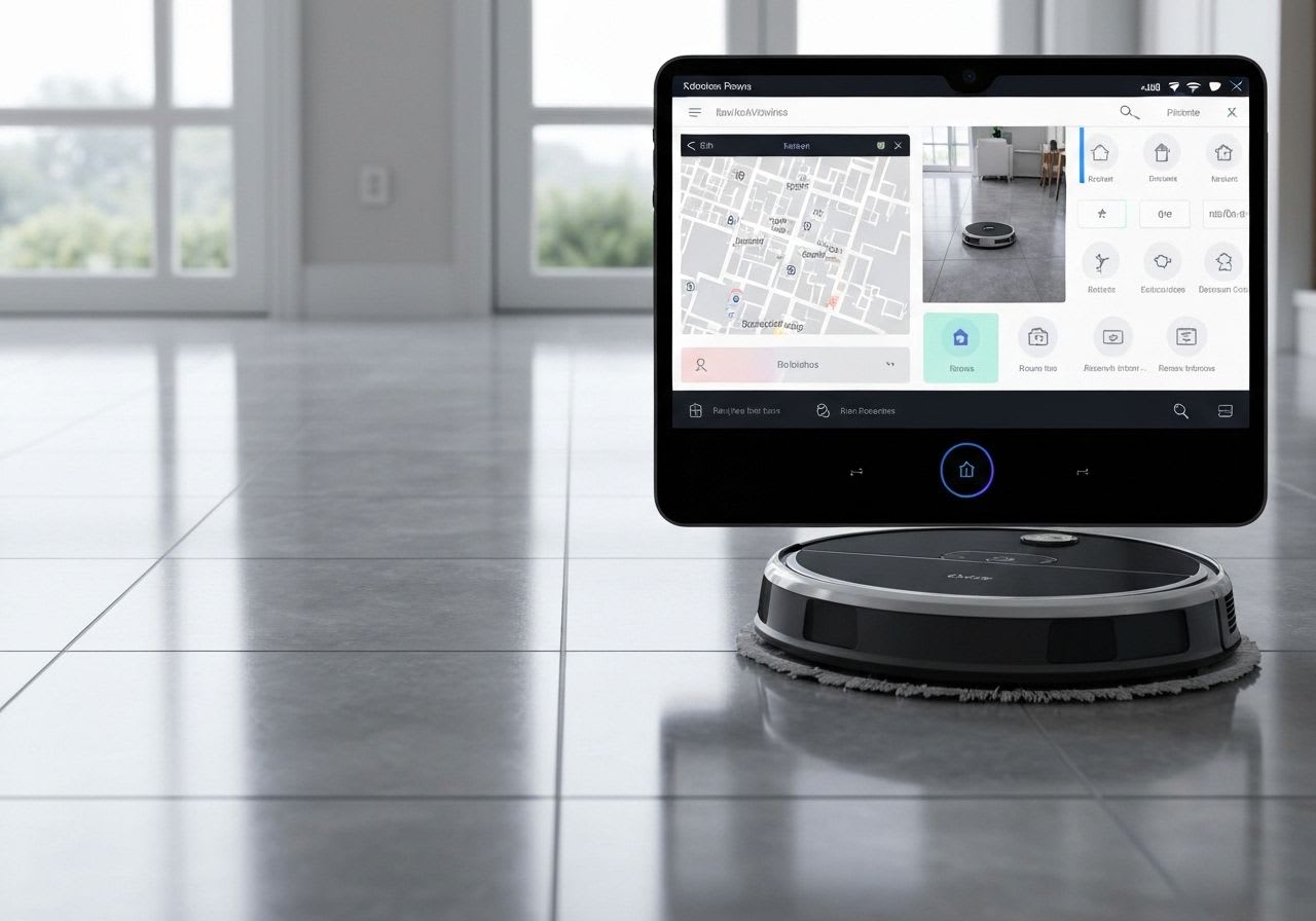 Smartphone-Bildschirm mit Wischroboter-App, zeigt eine Hauskarte und WLAN-Signal, essentiell für die Einrichtung und Steuerung.