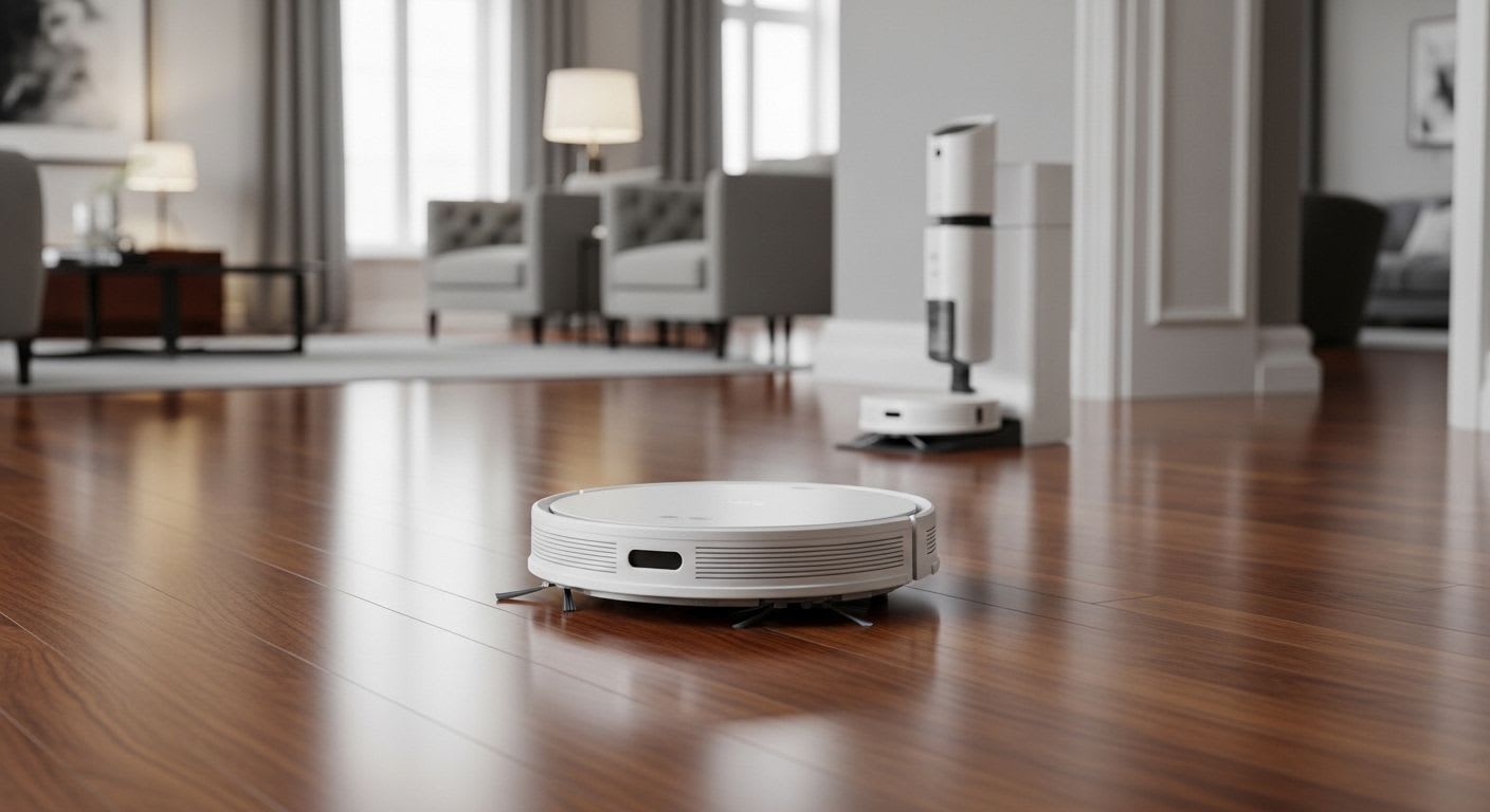 Moderner Wischroboter auf glänzendem Hartholzboden im Wohnzimmer, bereit zur ersten Einrichtung und Kartierung.