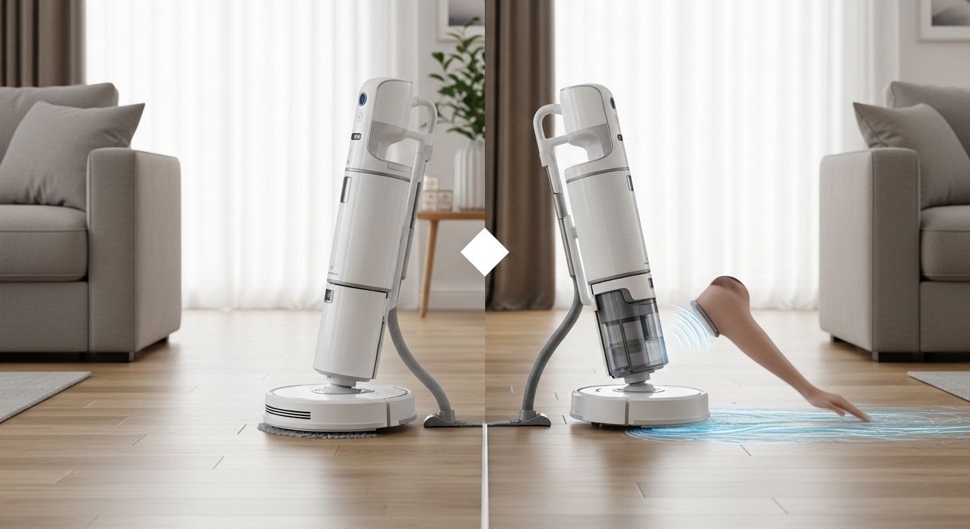Ein Wischroboter und ein Saug-Wisch-Roboter demonstrieren ihre Reinigungsfunktionen auf unterschiedlichen Bodenbereichen im modernen Wohnzimmer.