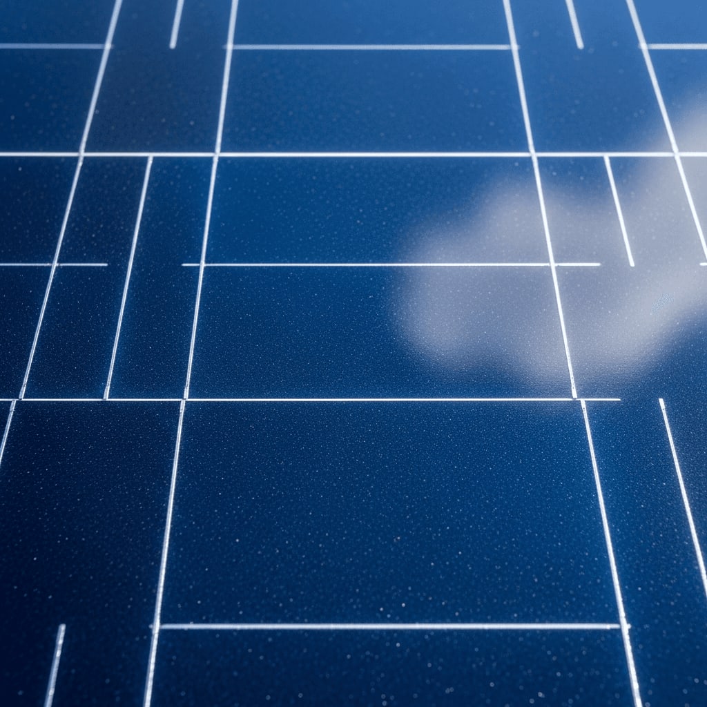 Energiequelle für das Komplettpaket: Nahaufnahme der dunklen Zellen eines monokristallinen Solarmoduls im Sonnenlicht.
