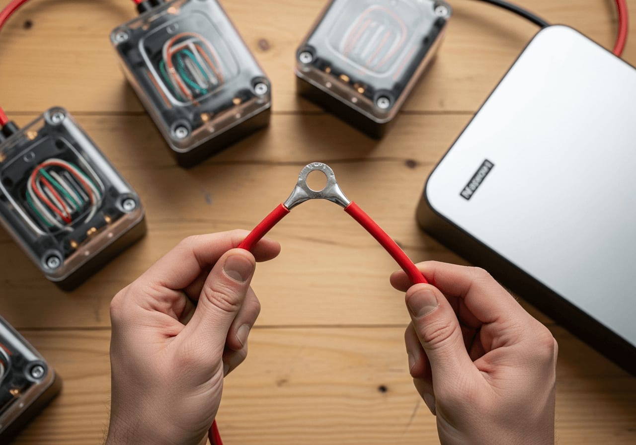 DIY-Victron-System sicher aufbauen: Hände montieren ein dickes rotes Batteriekabel mit Ringöse neben Solarsicherungen.