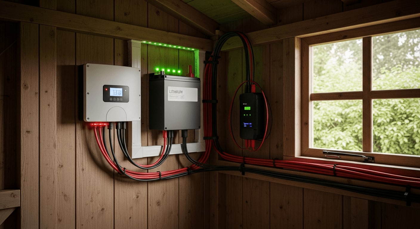Autark im Gartenhaus: Professionell installierte DIY-Solar-Inselanlage mit Laderegler und Lithium-Batterie an einer Holzwand.