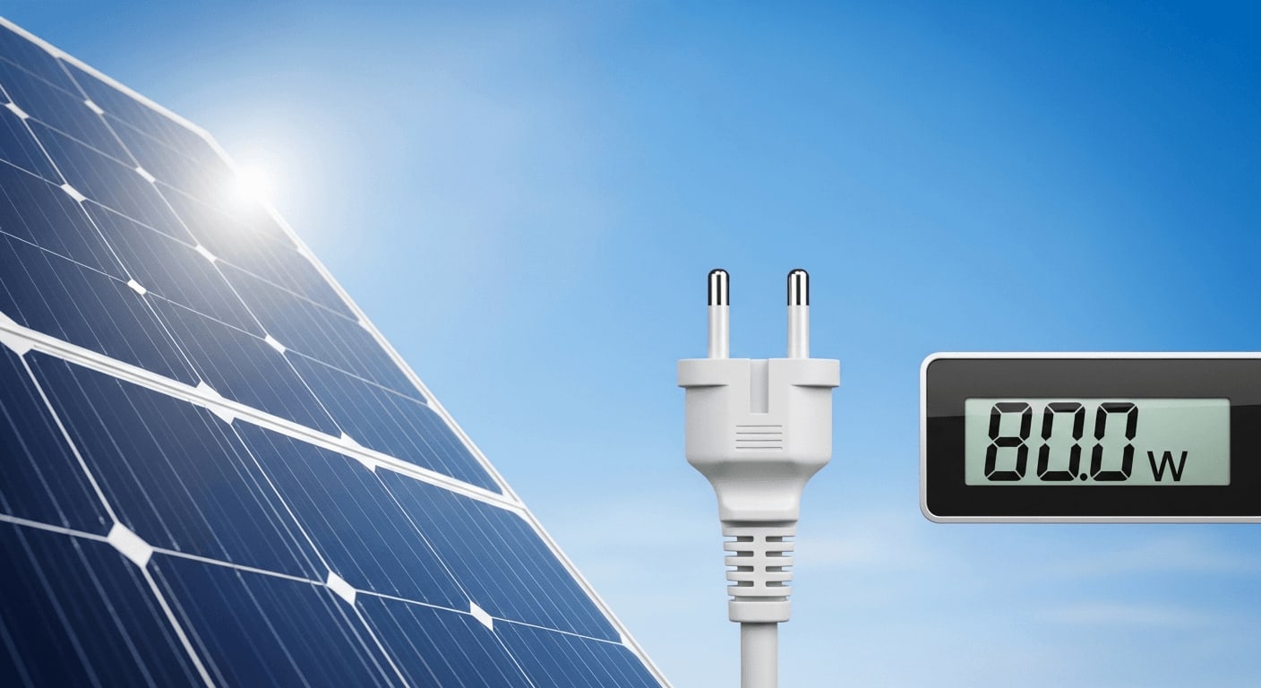 Montage aus drei Bildern: ein Solarmodul, ein Schuko-Stecker und eine digitale Anzeige, die 800 Watt anzeigt, vor einem strahlend blauen Himmel