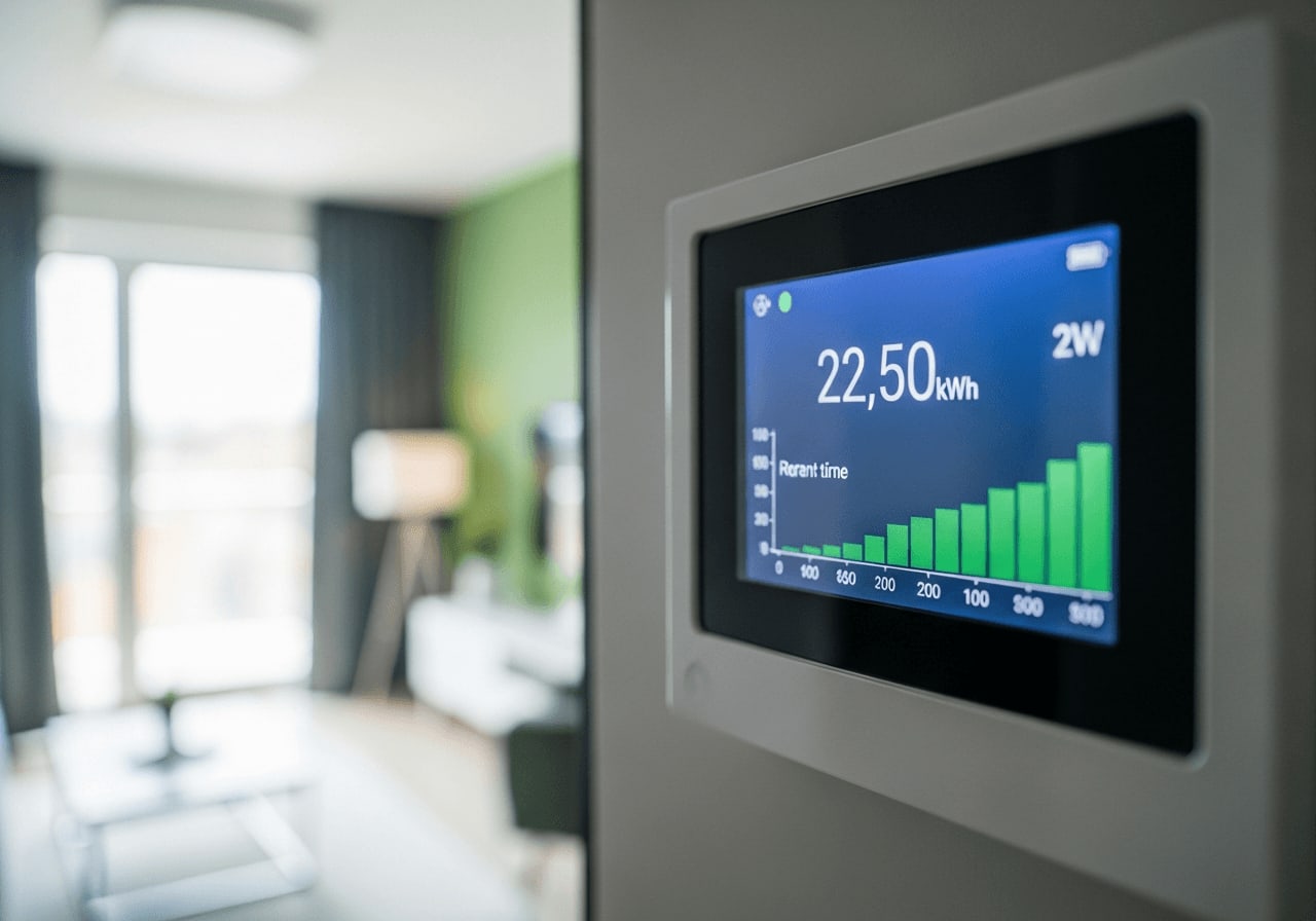 Nahaufnahme eines intelligenten Zählers, der Energiedaten in einer modernen Wohnung anzeigt