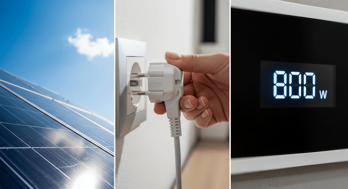 Montage aus drei Bildern: ein Solarmodul, ein Schuko-Stecker und eine digitale Anzeige, die 800 Watt anzeigt, vor einem strahlend blauen Himmel