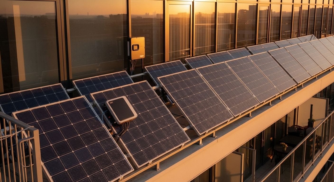 Großes Balkonkraftwerk mit 4000 Watt Modulleistung in der Abendsonne, das die 800-Watt-Einspeisegrenze thematisiert.