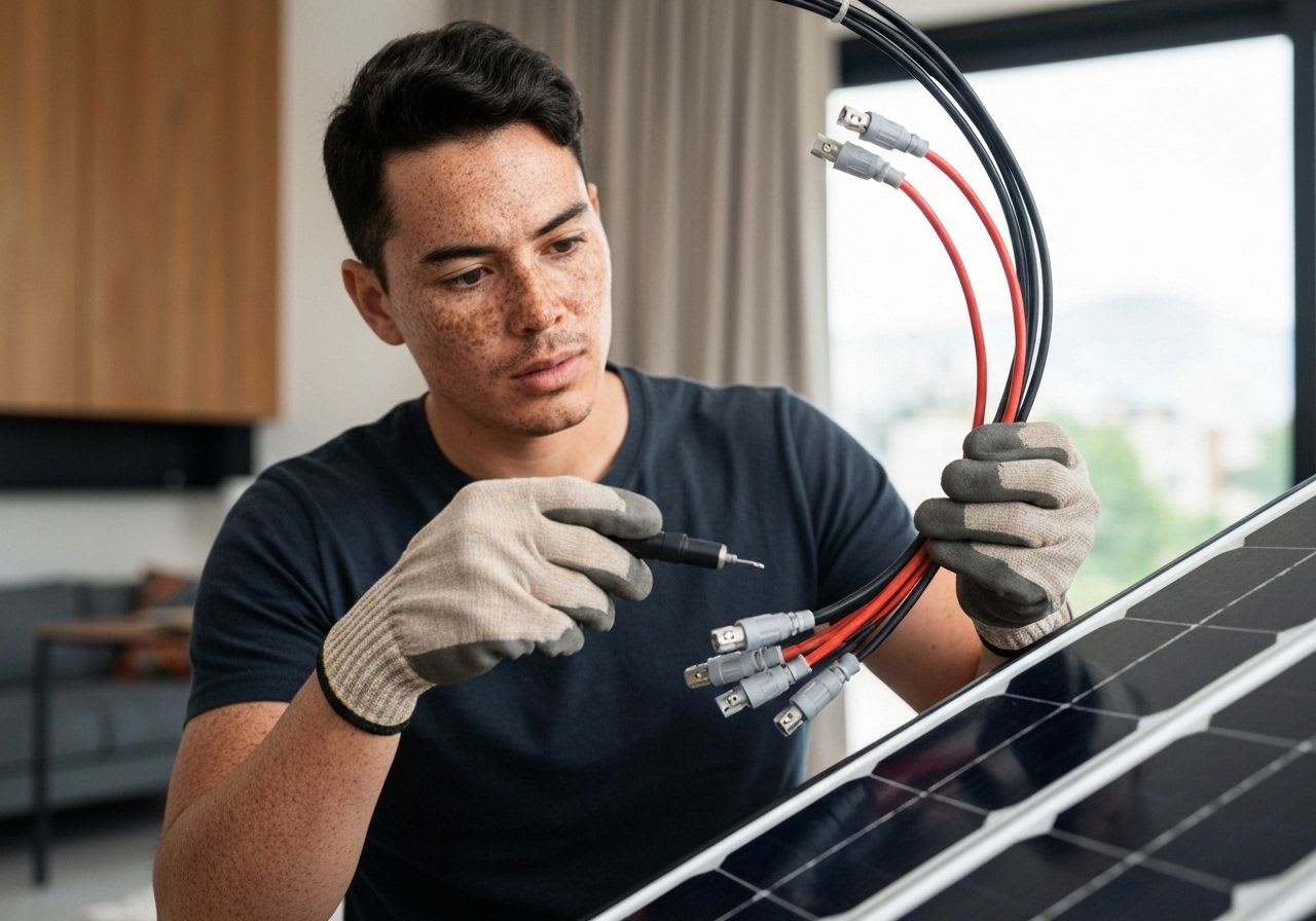 Hände überprüfen Solarkabel und MC4-Stecker auf Beschädigungen, um die Leistung des Balkonkraftwerks zu sichern.