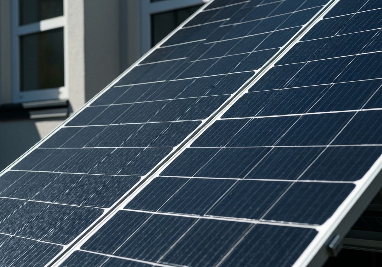 Balkonkraftwerk auf einem Balkon, dessen Solarmodul stark durch Schatten eines Gebäudes verdeckt ist, was die Leistung mindert.